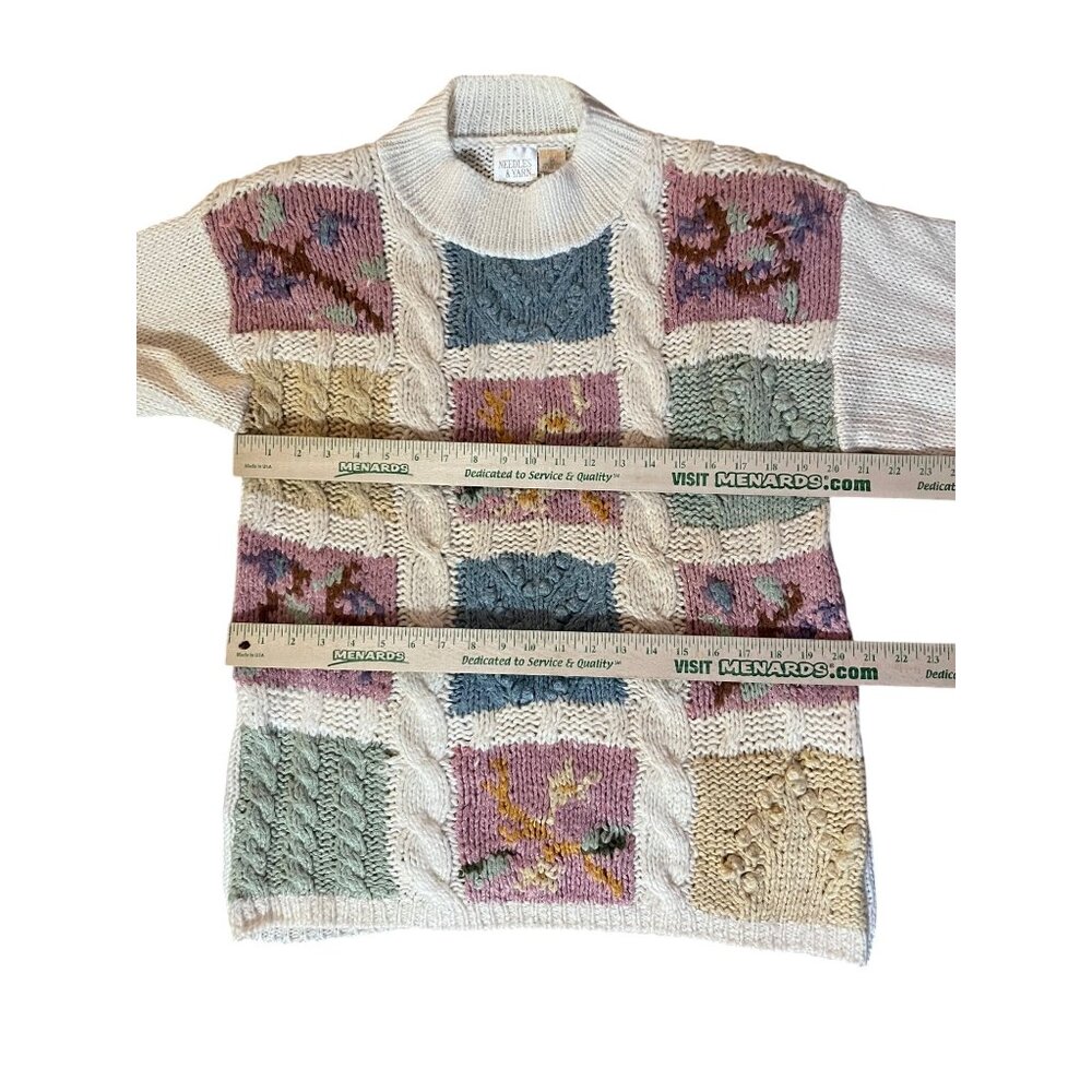 Vintage 90s Needles & Yarn Sweater Womens M Patchwork Floral Knit Korea - Picture 10 of 16